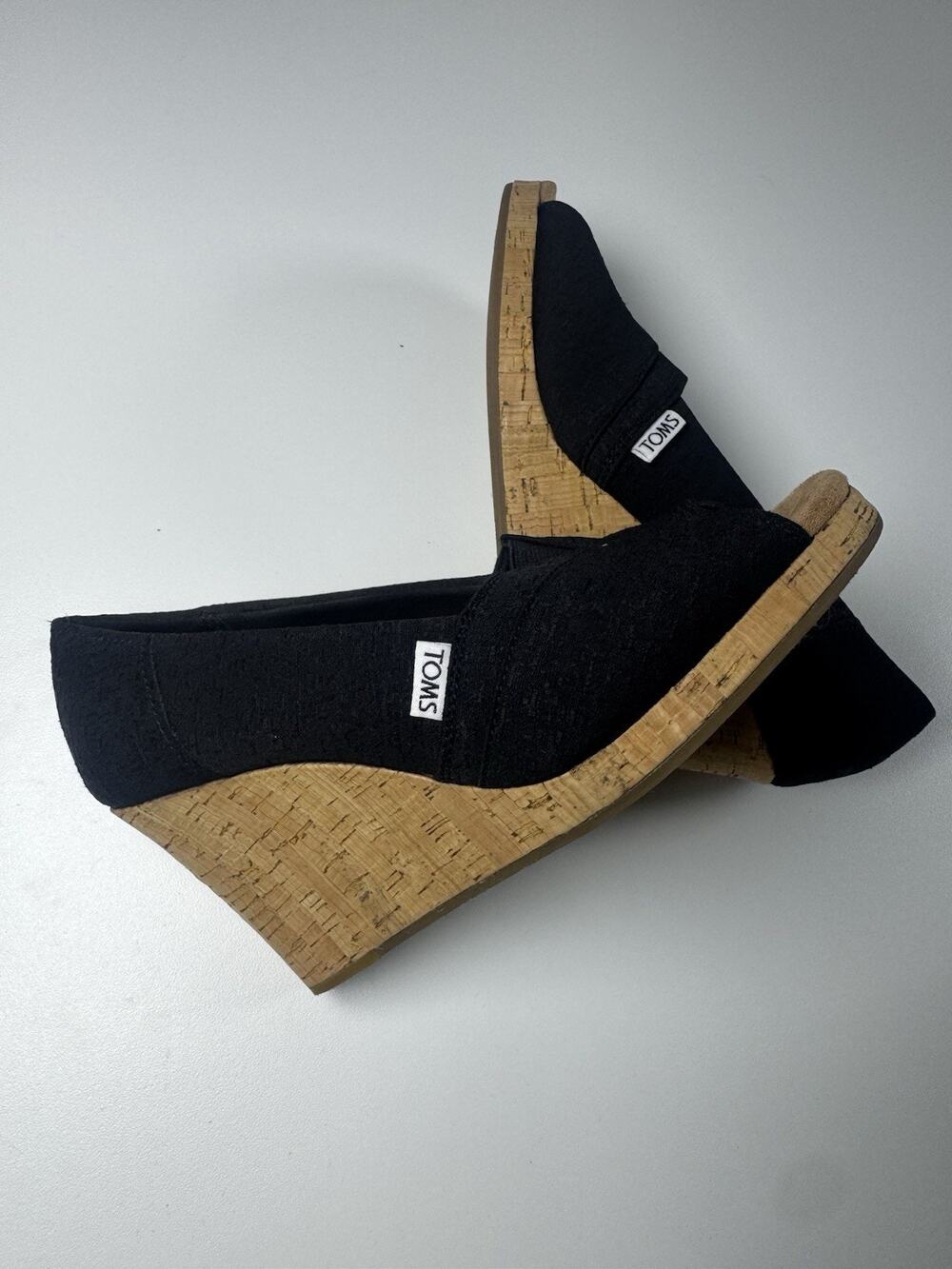 TOMS Black Peep Toe Cork Wedge Slip-On Heels Womens Size 8.5 Synthetic